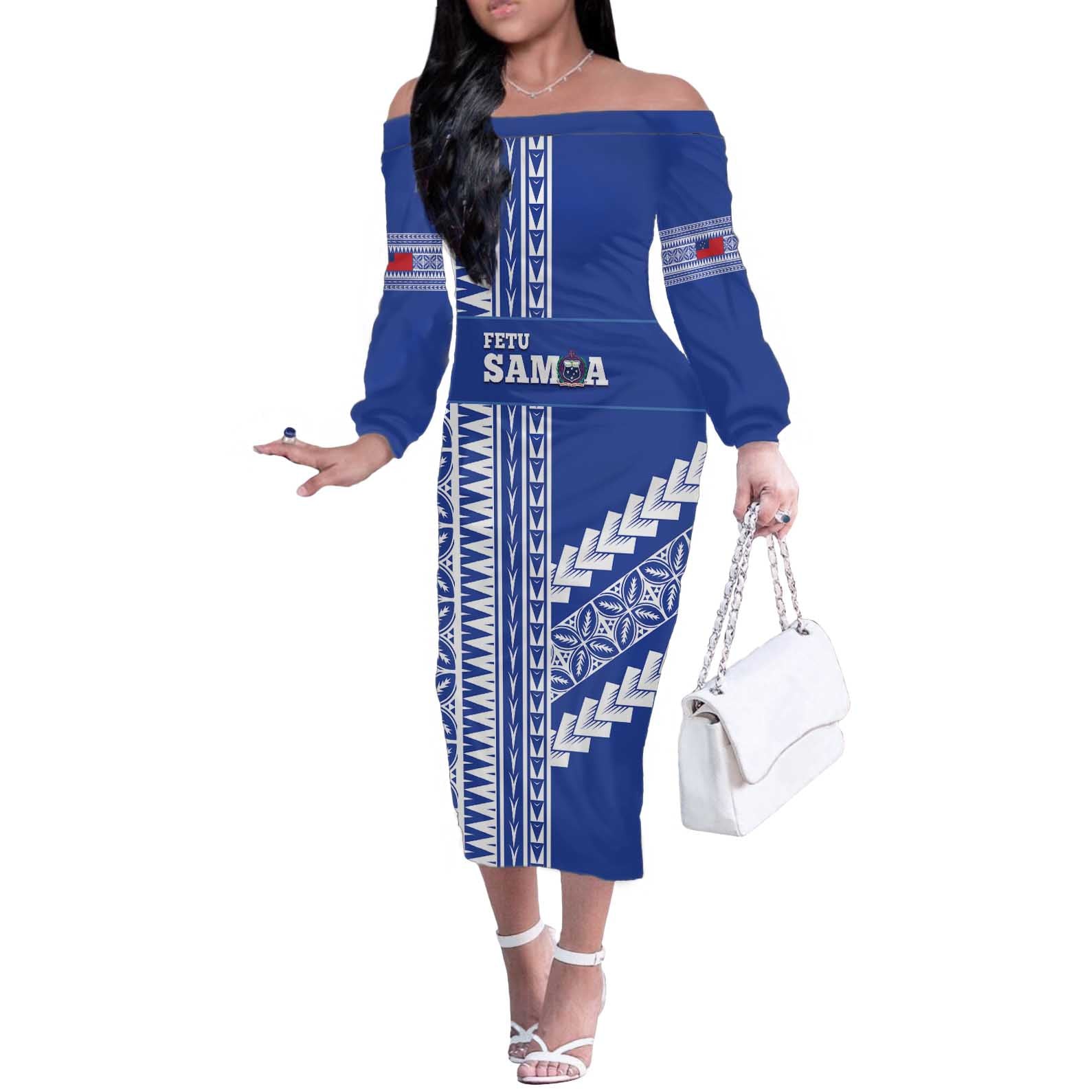 Fetu Samoa Rugby Custom Off The Shoulder Long Sleeve Dress Siapo Pattern - Sporty Style