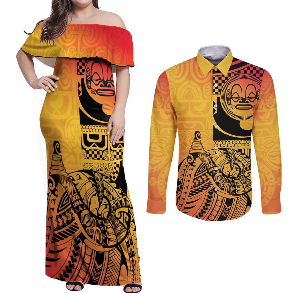 Marquesas Islands Couples Matching Off Shoulder Maxi Dress and Long Sleeve Button Shirt Marquesan Matatiki Fish Hook Patutiki - Polynesian Pride