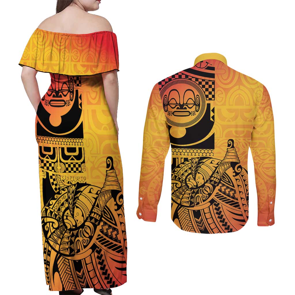 Marquesas Islands Couples Matching Off Shoulder Maxi Dress and Long Sleeve Button Shirt Marquesan Matatiki Fish Hook Patutiki - Polynesian Pride