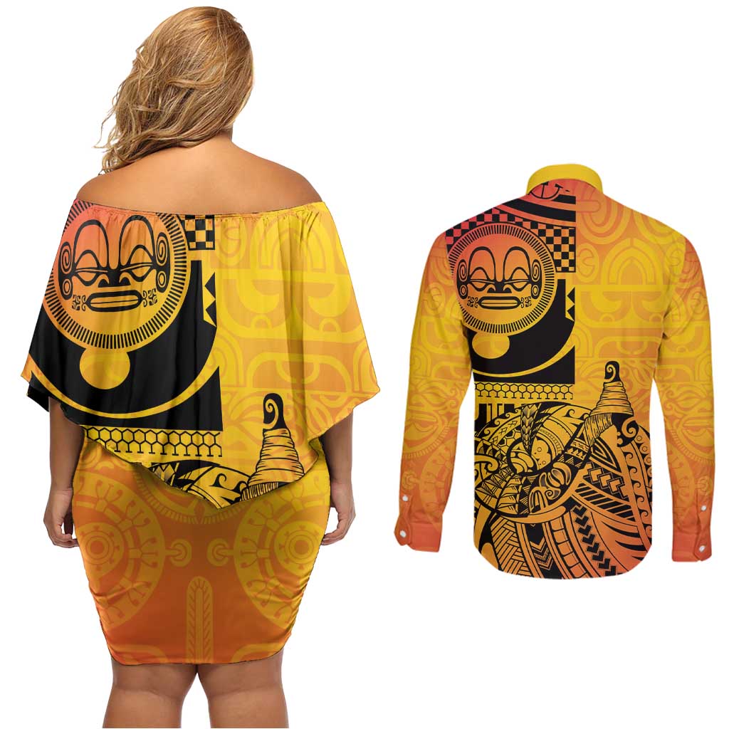 Marquesas Islands Couples Matching Off Shoulder Short Dress and Long Sleeve Button Shirt Marquesan Matatiki Fish Hook Patutiki - Polynesian Pride