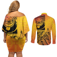 Marquesas Islands Couples Matching Off Shoulder Short Dress and Long Sleeve Button Shirt Marquesan Matatiki Fish Hook Patutiki - Polynesian Pride