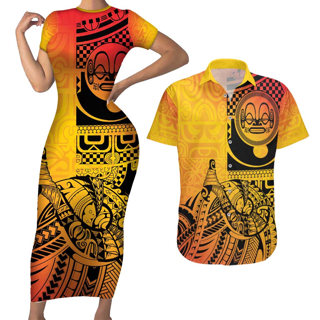 Marquesas Islands Couples Matching Short Sleeve Bodycon Dress and Hawaiian Shirt Marquesan Matatiki Fish Hook Patutiki - Polynesian Pride