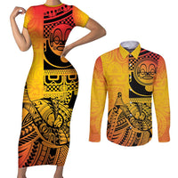 Marquesas Islands Couples Matching Short Sleeve Bodycon Dress and Long Sleeve Button Shirt Marquesan Matatiki Fish Hook Patutiki - Polynesian Pride