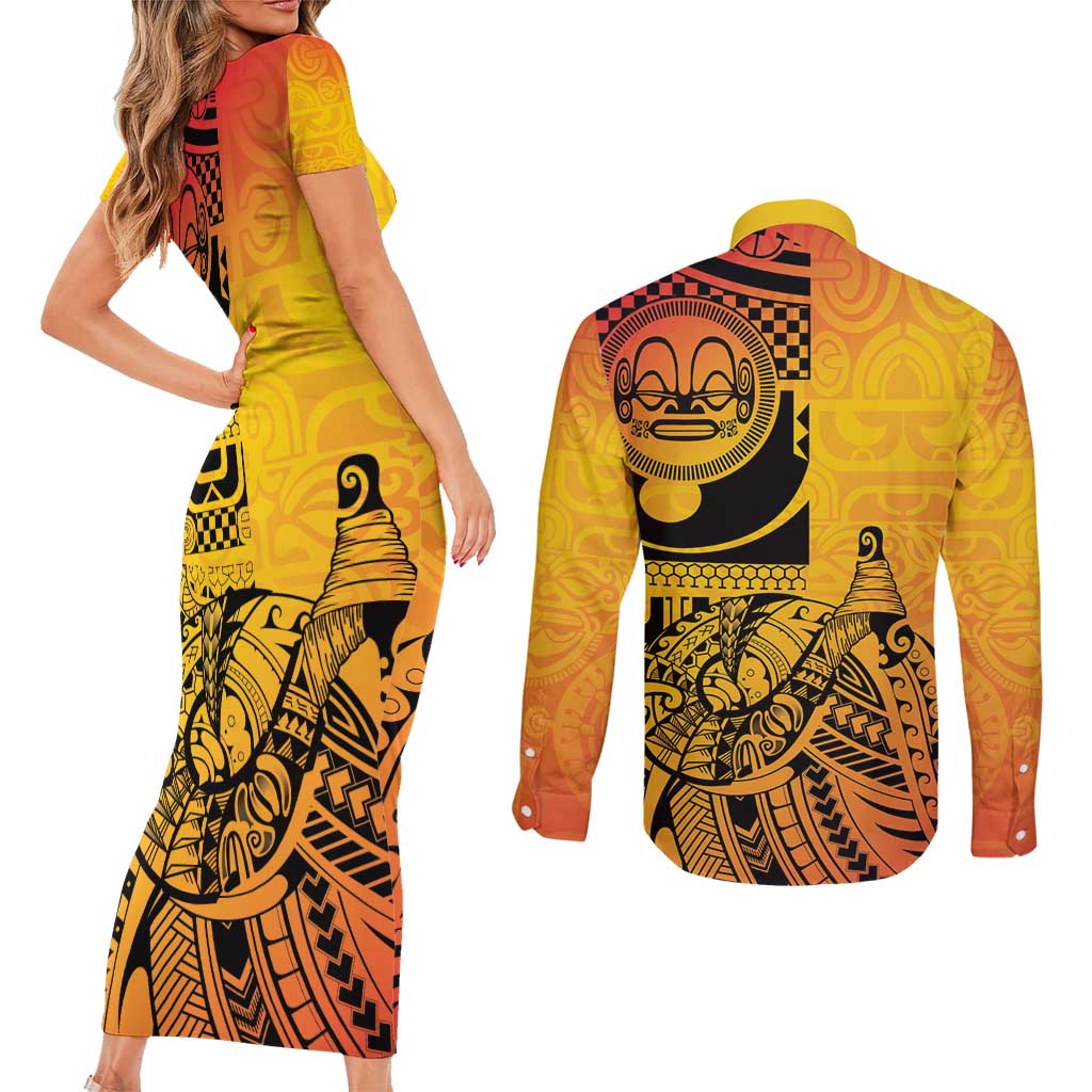 Marquesas Islands Couples Matching Short Sleeve Bodycon Dress and Long Sleeve Button Shirt Marquesan Matatiki Fish Hook Patutiki - Polynesian Pride
