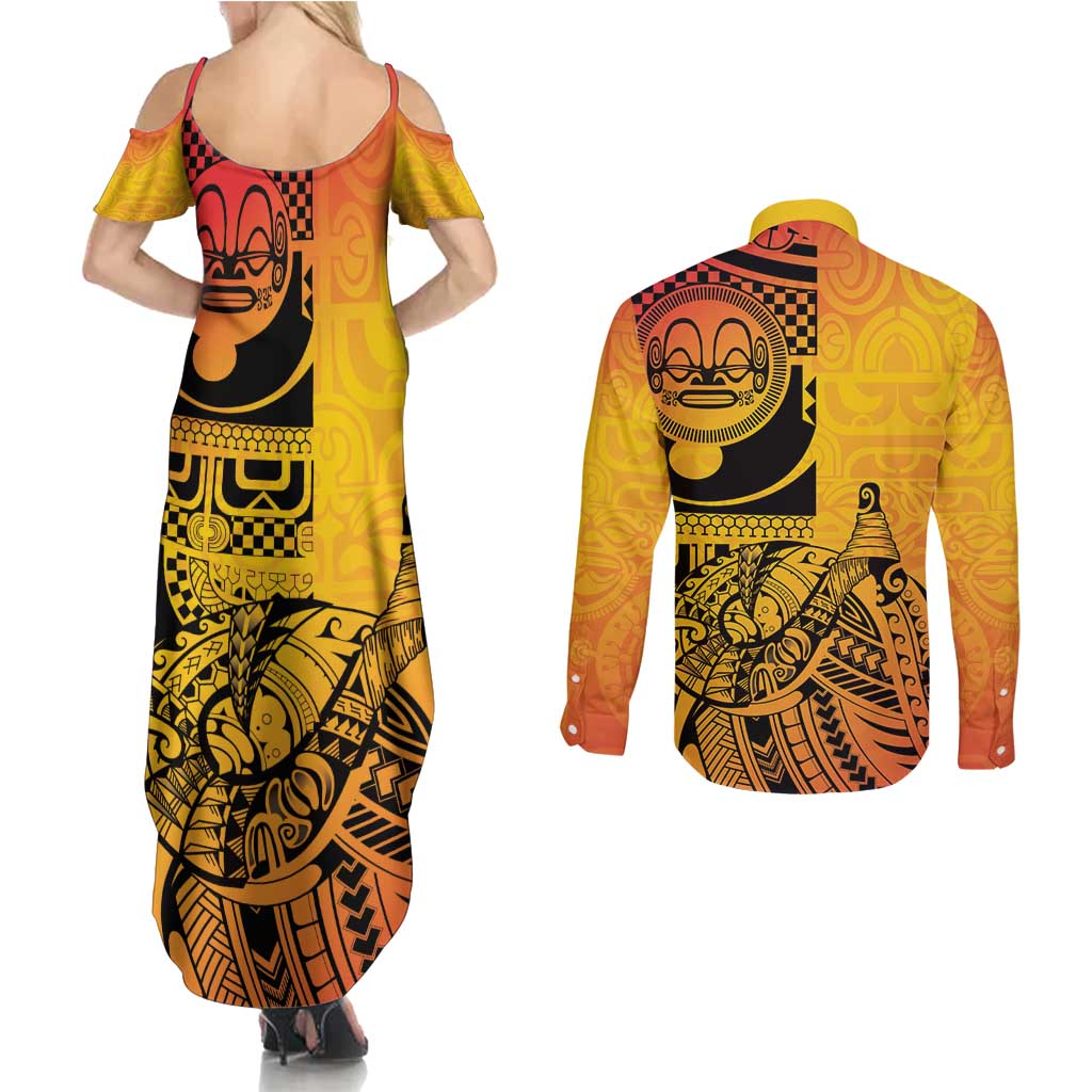 Marquesas Islands Couples Matching Summer Maxi Dress and Long Sleeve Button Shirt Marquesan Matatiki Fish Hook Patutiki - Polynesian Pride