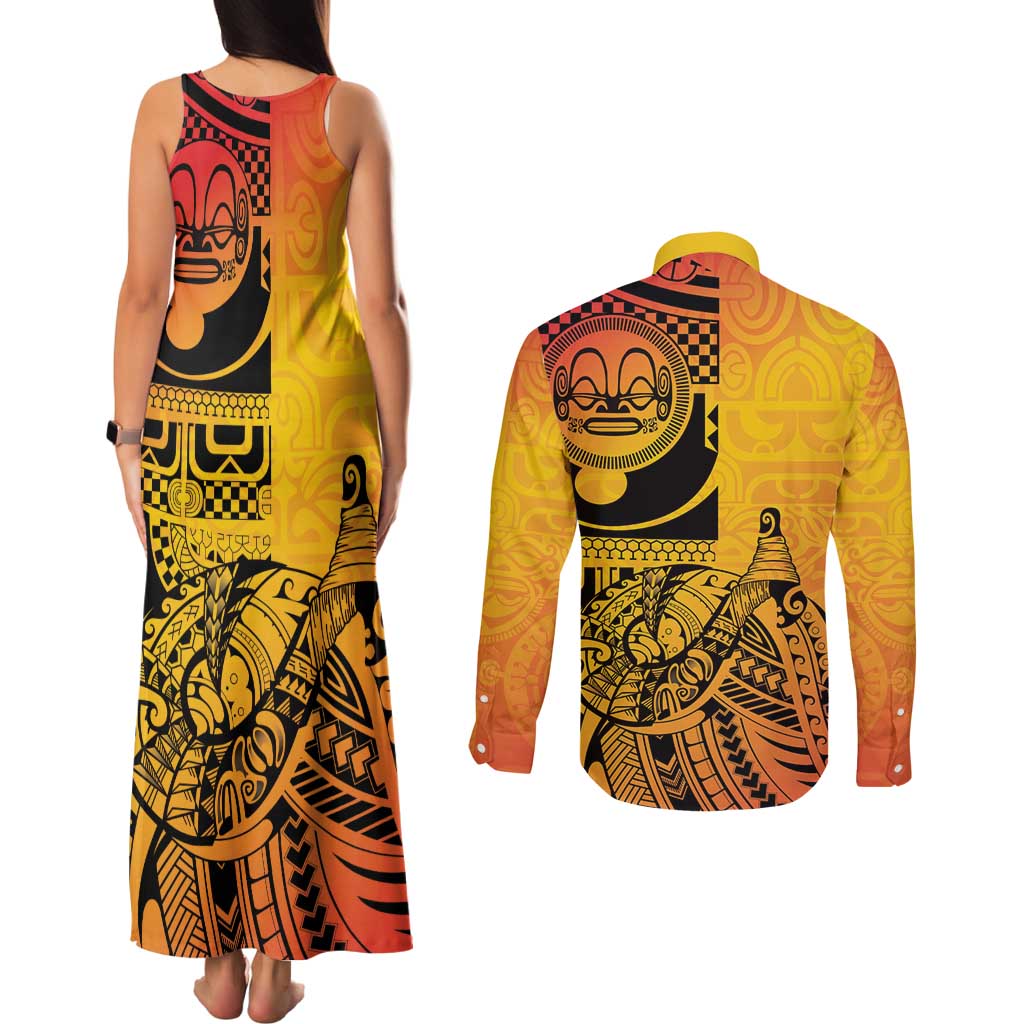 Marquesas Islands Couples Matching Tank Maxi Dress and Long Sleeve Button Shirt Marquesan Matatiki Fish Hook Patutiki - Polynesian Pride