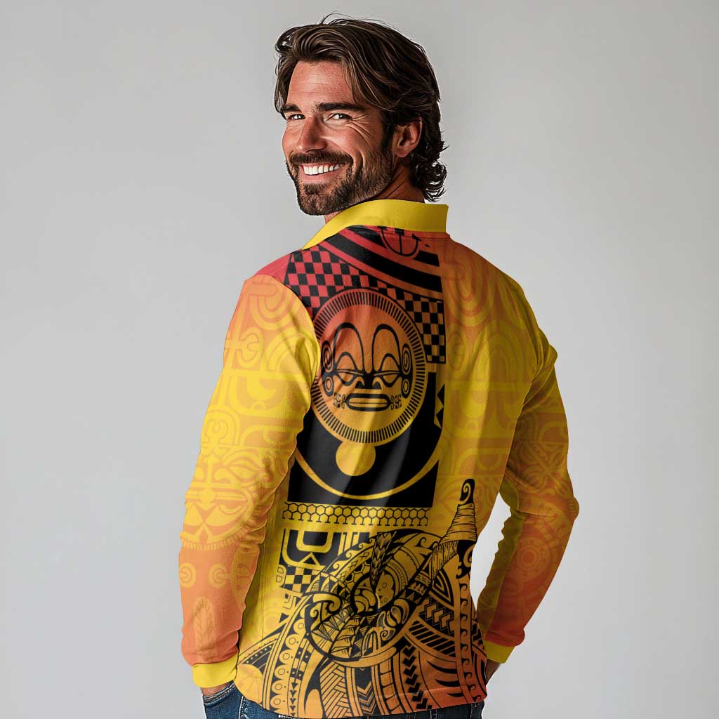Marquesas Islands Long Sleeve Polo Shirt Marquesan Matatiki Fish Hook Patutiki - Polynesian Pride