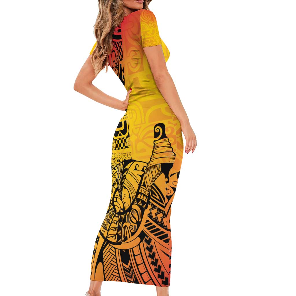 Marquesas Islands Short Sleeve Bodycon Dress Marquesan Matatiki Fish Hook Patutiki - Polynesian Pride
