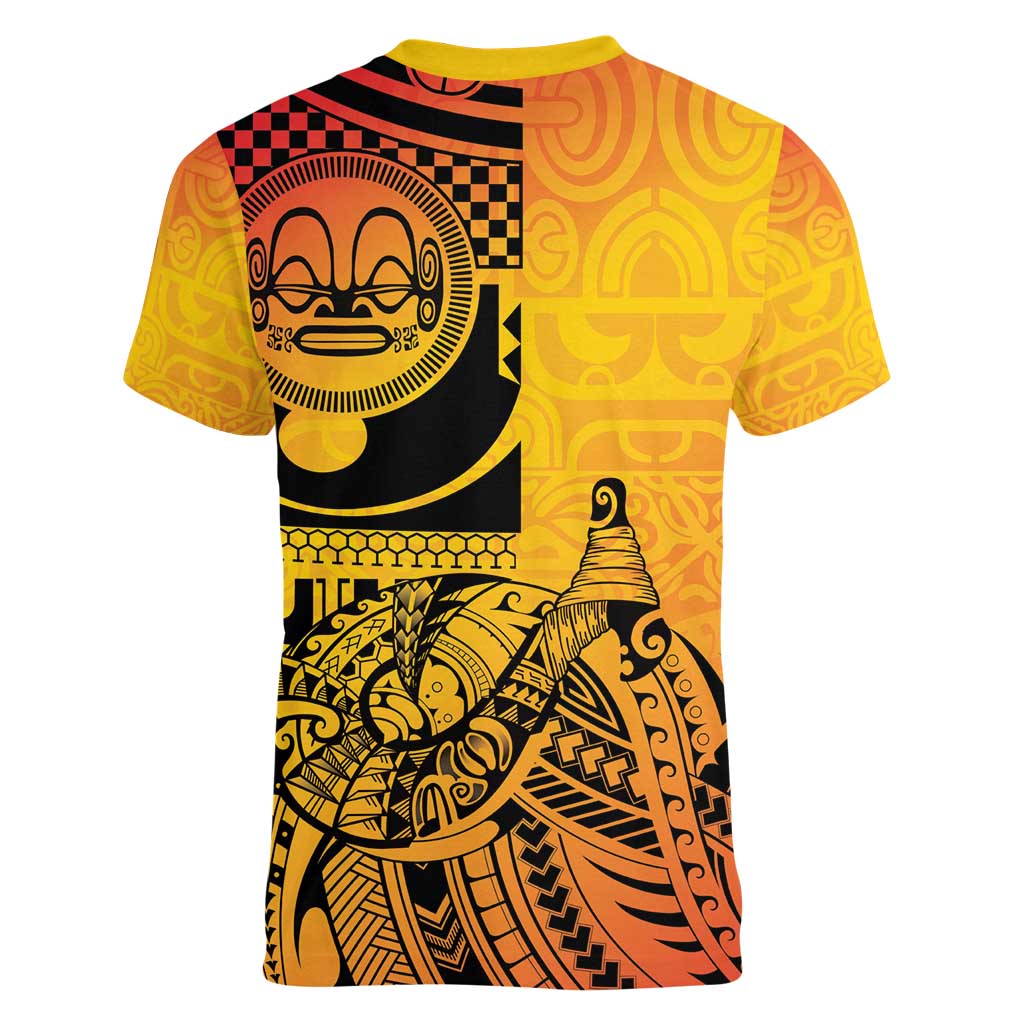 Marquesas Islands Women V-Neck T-Shirt Marquesan Matatiki Fish Hook Patutiki - Polynesian Pride