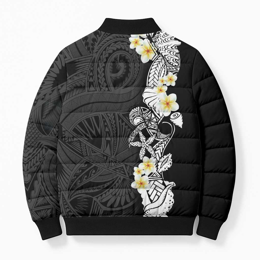 Black Samoa Tattoo Bomber Puffer Jacket Plumeria Samoan Ocean Tatau Pattern - Polynesian Pride