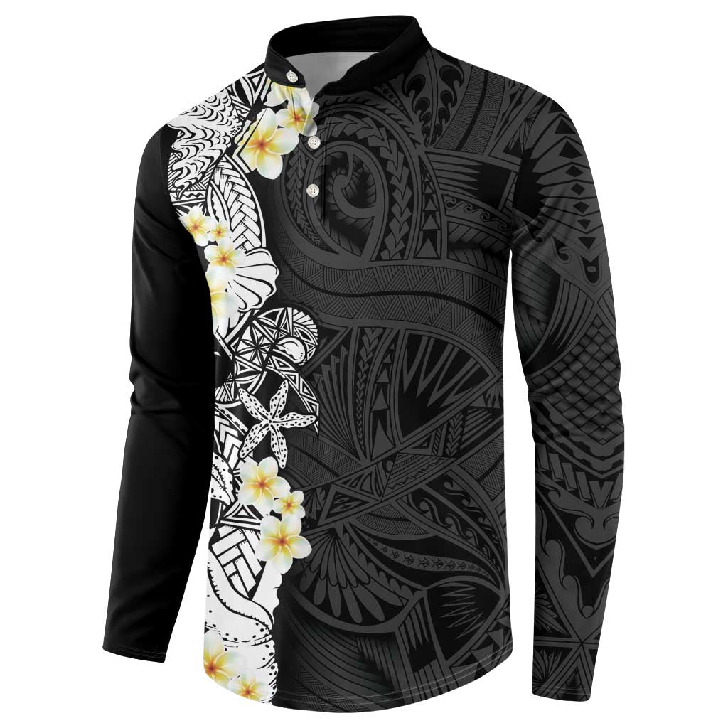Black Samoa Tattoo Button Sweatshirt Plumeria Samoan Ocean Tatau Pattern - Polynesian Pride