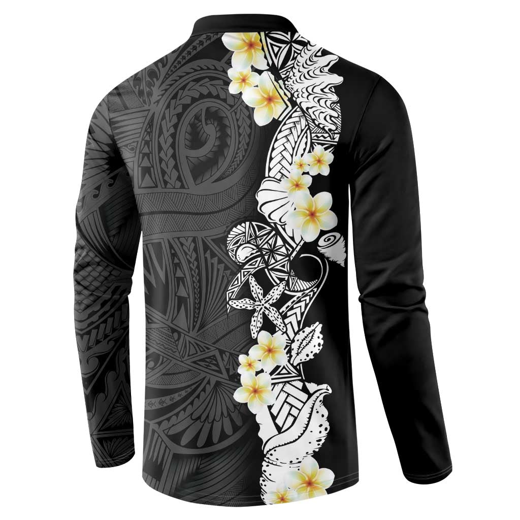 Black Samoa Tattoo Button Sweatshirt Plumeria Samoan Ocean Tatau Pattern - Polynesian Pride