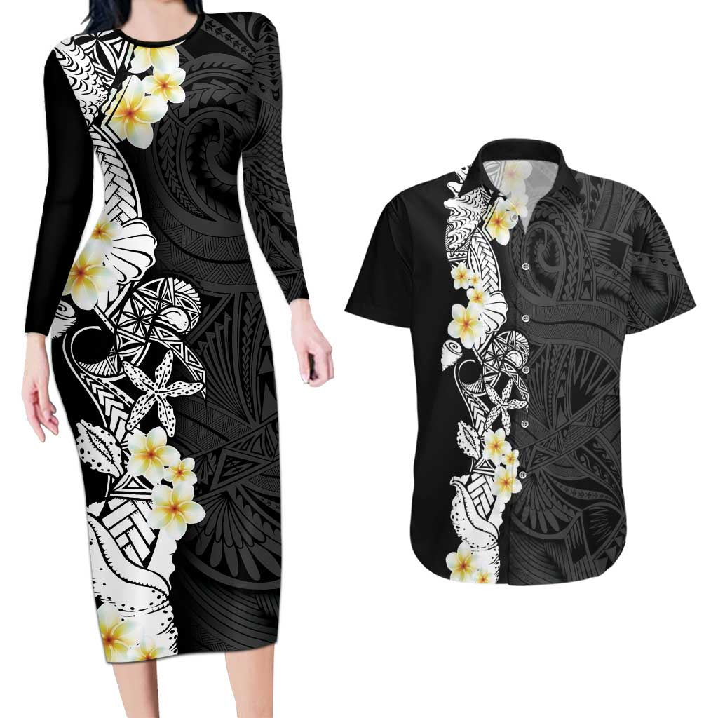 Black Samoa Tattoo Couples Matching Long Sleeve Bodycon Dress and Hawaiian Shirt Plumeria Samoan Ocean Tatau Pattern - Polynesian Pride