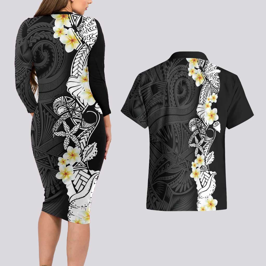 Black Samoa Tattoo Couples Matching Long Sleeve Bodycon Dress and Hawaiian Shirt Plumeria Samoan Ocean Tatau Pattern - Polynesian Pride