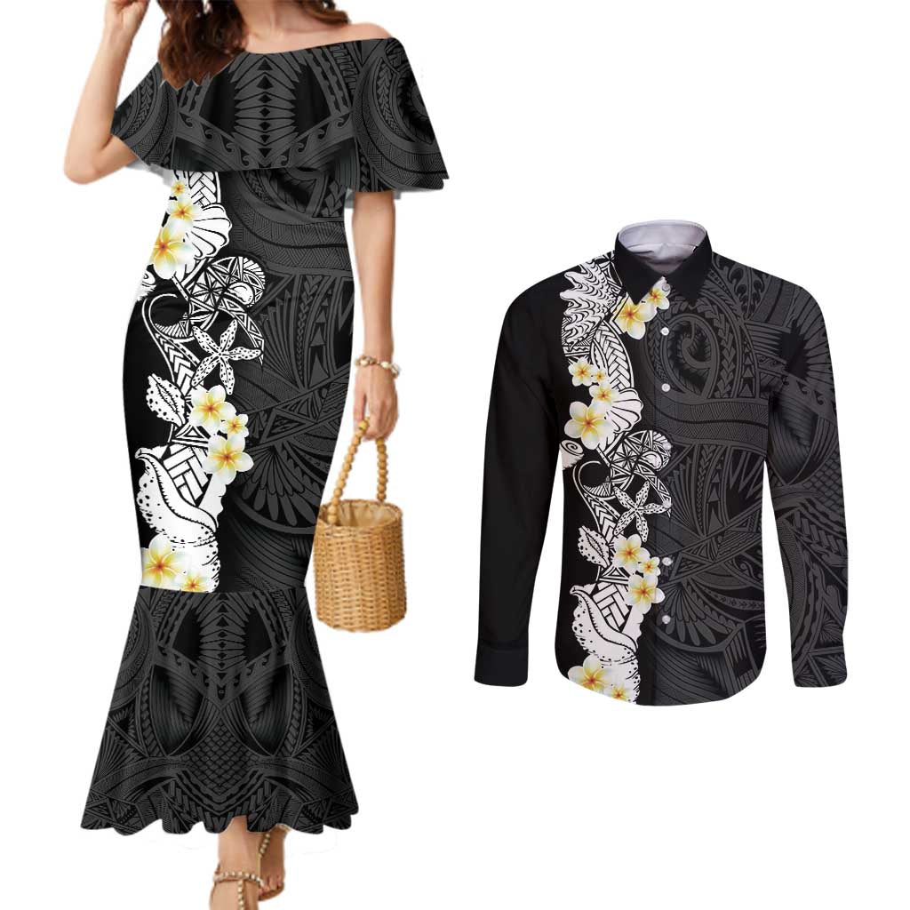 Black Samoa Tattoo Couples Matching Mermaid Dress and Long Sleeve Button Shirt Plumeria Samoan Ocean Tatau Pattern - Polynesian Pride