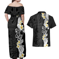 Black Samoa Tattoo Couples Matching Off Shoulder Maxi Dress and Hawaiian Shirt Plumeria Samoan Ocean Tatau Pattern - Polynesian Pride
