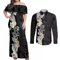 Black Samoa Tattoo Couples Matching Off Shoulder Maxi Dress and Long Sleeve Button Shirt Plumeria Samoan Ocean Tatau Pattern - Polynesian Pride