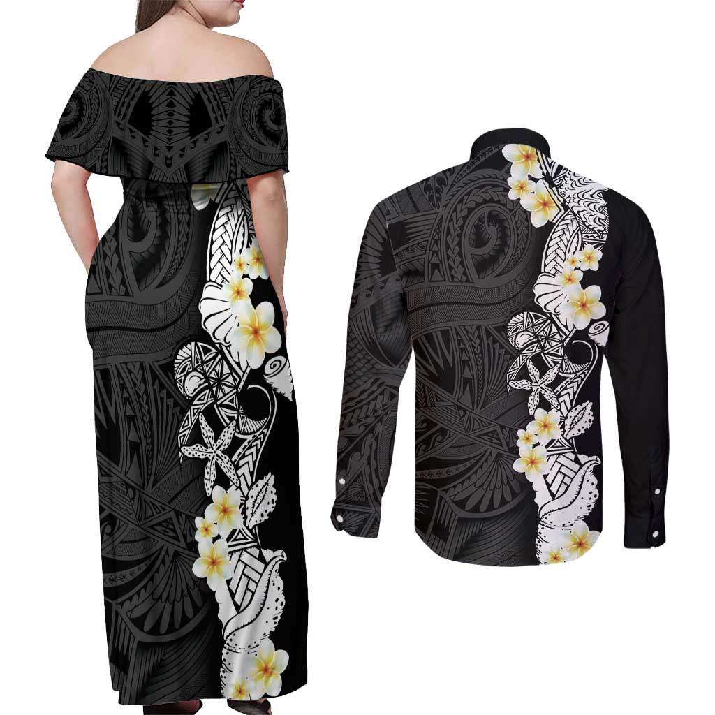Black Samoa Tattoo Couples Matching Off Shoulder Maxi Dress and Long Sleeve Button Shirt Plumeria Samoan Ocean Tatau Pattern - Polynesian Pride
