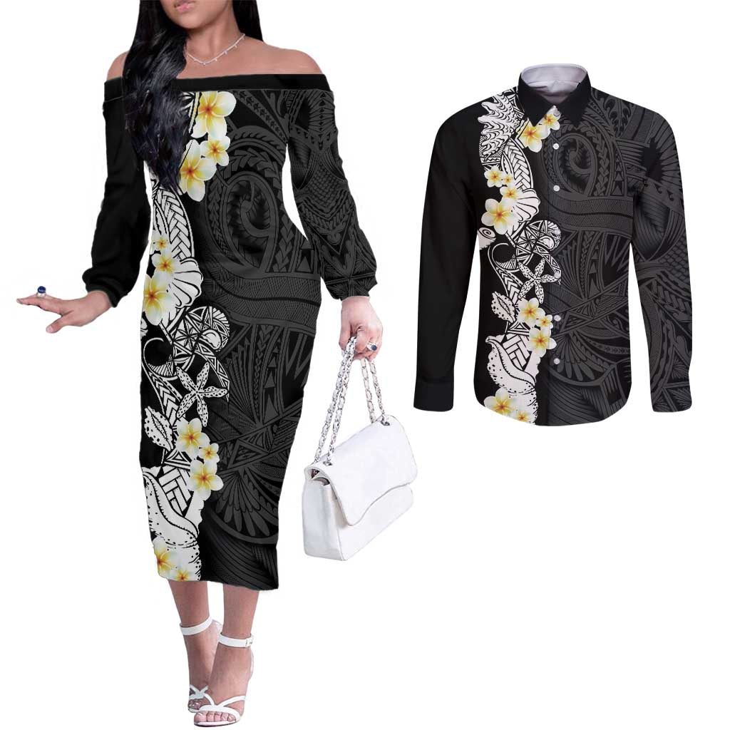 Black Samoa Tattoo Couples Matching Off The Shoulder Long Sleeve Dress and Long Sleeve Button Shirt Plumeria Samoan Ocean Tatau Pattern - Polynesian Pride