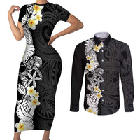 Black Samoa Tattoo Couples Matching Short Sleeve Bodycon Dress and Long Sleeve Button Shirt Plumeria Samoan Ocean Tatau Pattern - Polynesian Pride