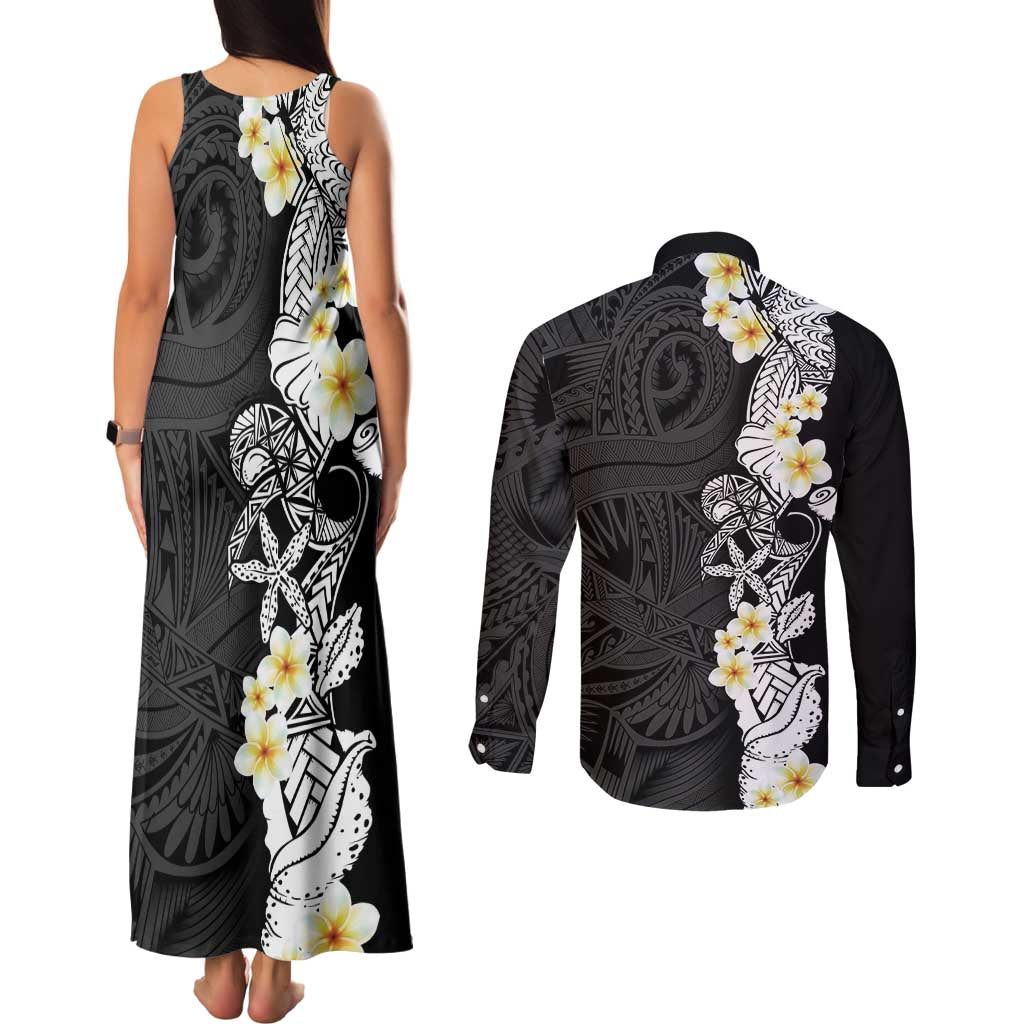 Black Samoa Tattoo Couples Matching Tank Maxi Dress and Long Sleeve Button Shirt Plumeria Samoan Ocean Tatau Pattern - Polynesian Pride