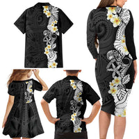 Black Samoa Tattoo Family Matching Long Sleeve Bodycon Dress and Hawaiian Shirt Plumeria Samoan Ocean Tatau Pattern - Polynesian Pride