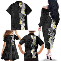 Black Samoa Tattoo Family Matching Off The Shoulder Long Sleeve Dress and Hawaiian Shirt Plumeria Samoan Ocean Tatau Pattern - Polynesian Pride