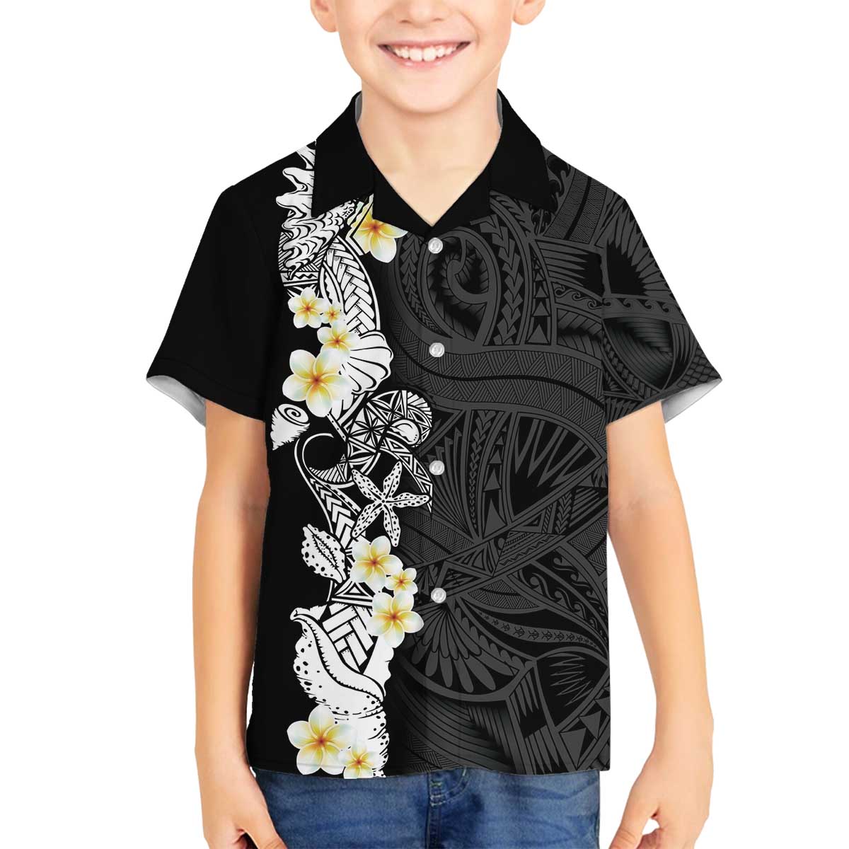 Black Samoa Tattoo Family Matching Off The Shoulder Long Sleeve Dress and Hawaiian Shirt Plumeria Samoan Ocean Tatau Pattern - Polynesian Pride
