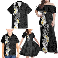 Black Samoa Tattoo Family Matching Off Shoulder Maxi Dress and Hawaiian Shirt Plumeria Samoan Ocean Tatau Pattern - Polynesian Pride