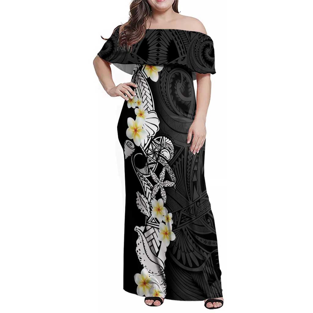 Black Samoa Tattoo Family Matching Off Shoulder Maxi Dress and Hawaiian Shirt Plumeria Samoan Ocean Tatau Pattern - Polynesian Pride