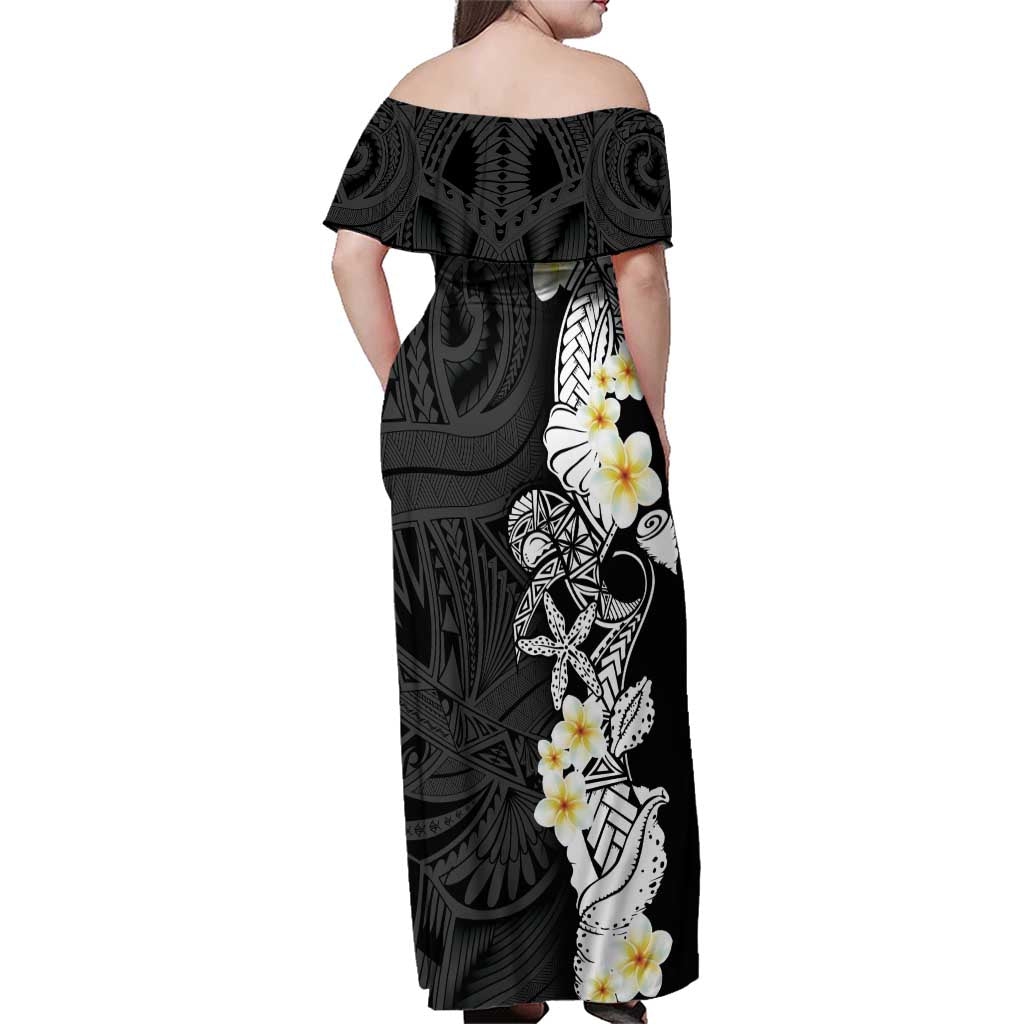 Black Samoa Tattoo Family Matching Off Shoulder Maxi Dress and Hawaiian Shirt Plumeria Samoan Ocean Tatau Pattern - Polynesian Pride