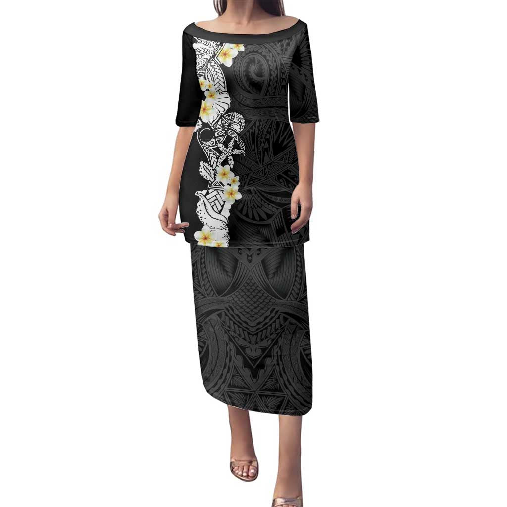 Black Samoa Tattoo Family Matching Puletasi and Hawaiian Shirt Plumeria Samoan Ocean Tatau Pattern - Polynesian Pride