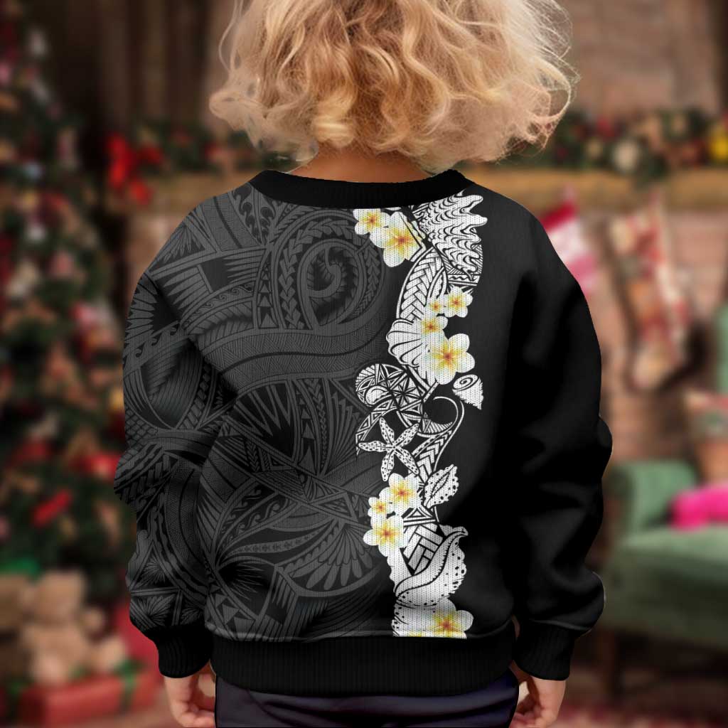 Black Samoa Tattoo Kid Ugly Christmas Sweater Plumeria Samoan Ocean Tatau Pattern - Polynesian Pride