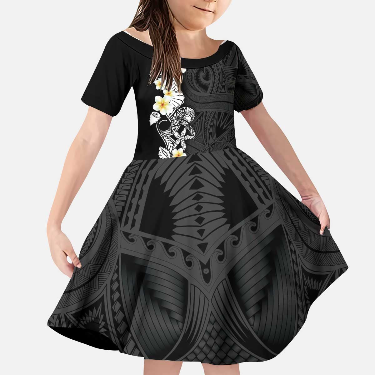 Black Samoa Tattoo Kid Short Sleeve Dress Plumeria Samoan Ocean Tatau Pattern - Polynesian Pride