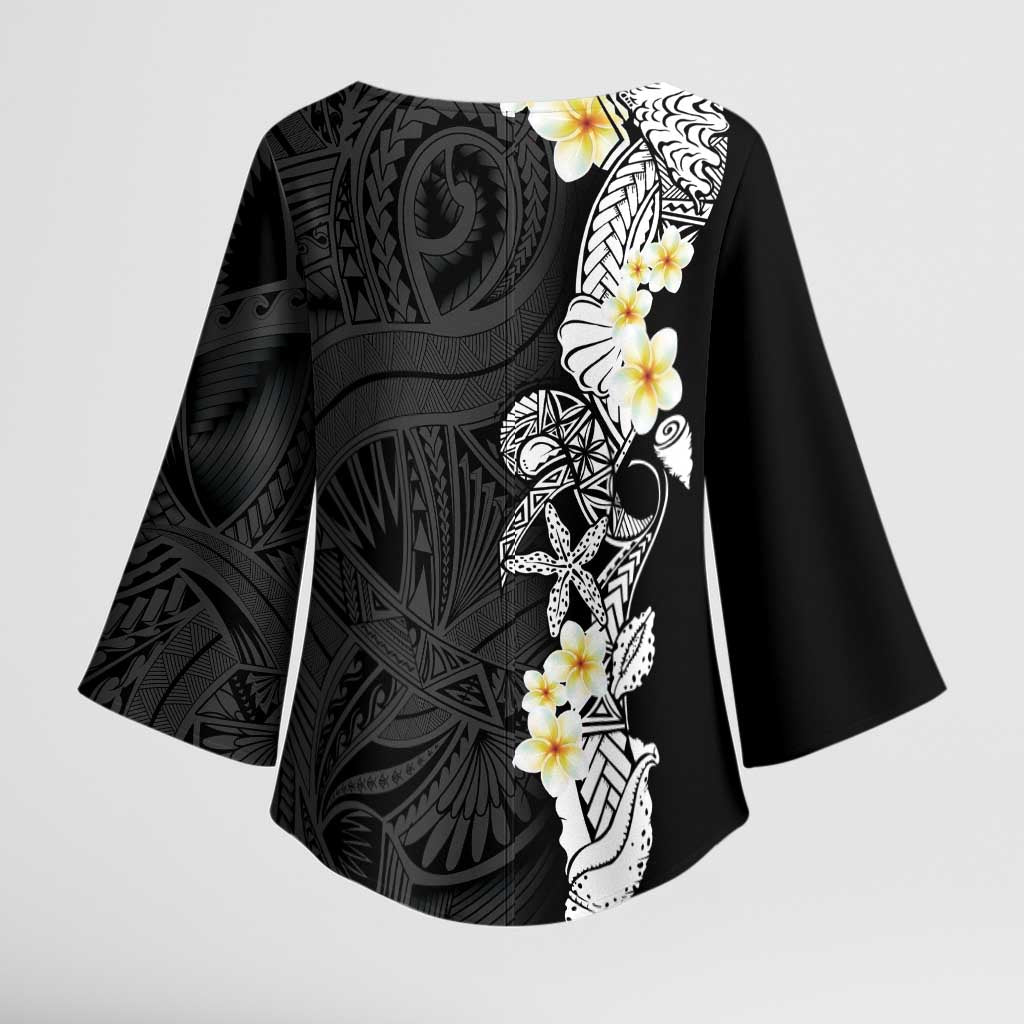 Black Samoa Tattoo Kimono Sleeve Blouse Plumeria Samoan Ocean Tatau Pattern - Polynesian Pride