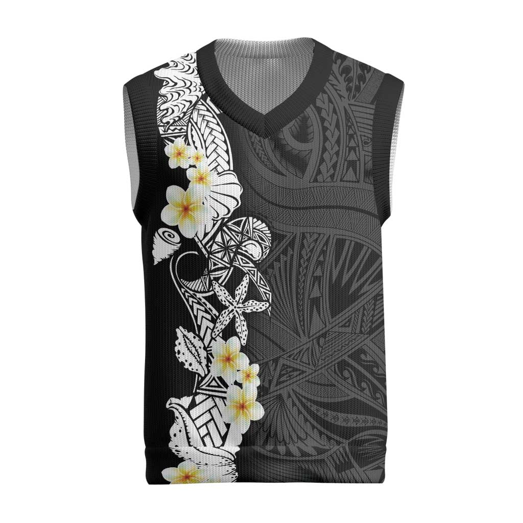 Black Samoa Tattoo Christmas Knitted V-Neck Vest Plumeria Samoan Ocean Tatau Pattern - Polynesian Pride