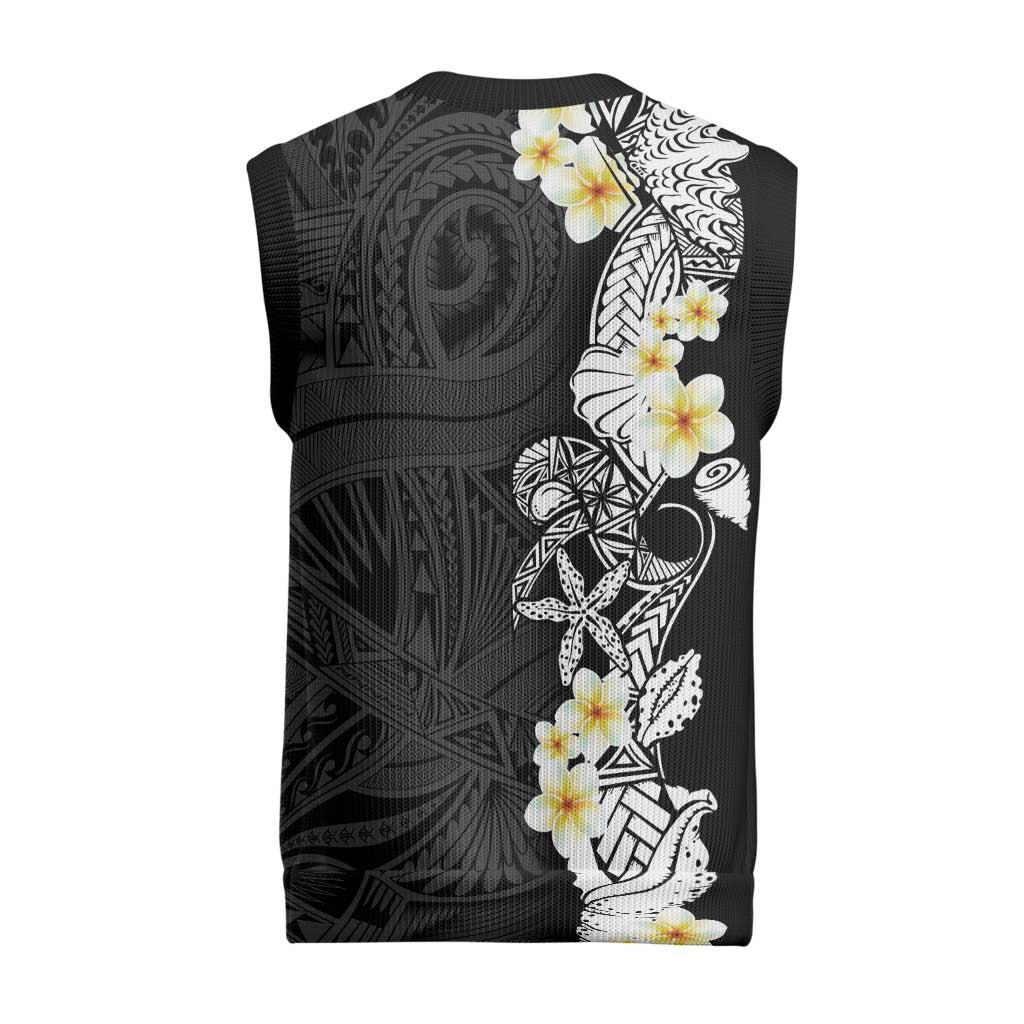 Black Samoa Tattoo Christmas Knitted V-Neck Vest Plumeria Samoan Ocean Tatau Pattern - Polynesian Pride