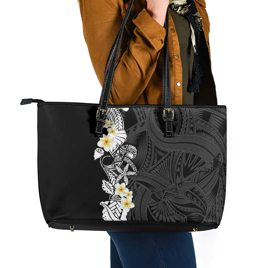 Black Samoa Tattoo Leather Tote Bag Plumeria Samoan Ocean Tatau Pattern - Polynesian Pride