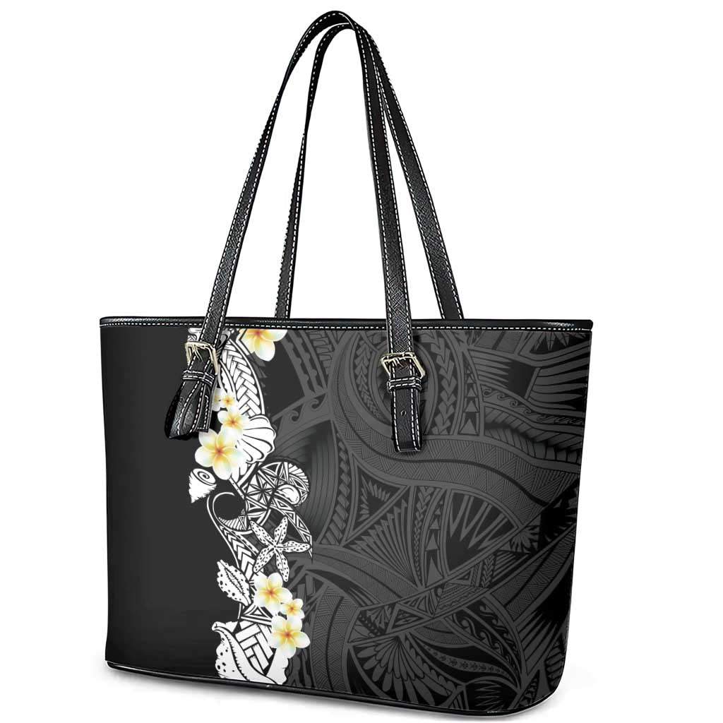 Black Samoa Tattoo Leather Tote Bag Plumeria Samoan Ocean Tatau Pattern - Polynesian Pride