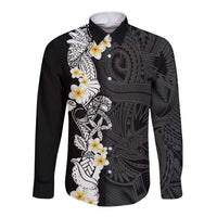 Black Samoa Tattoo Long Sleeve Button Shirt Plumeria Samoan Ocean Tatau Pattern - Polynesian Pride