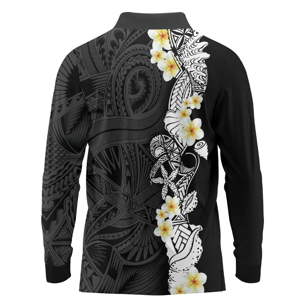 Black Samoa Tattoo Long Sleeve Polo Shirt Plumeria Samoan Ocean Tatau Pattern - Polynesian Pride