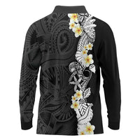 Black Samoa Tattoo Long Sleeve Polo Shirt Plumeria Samoan Ocean Tatau Pattern - Polynesian Pride