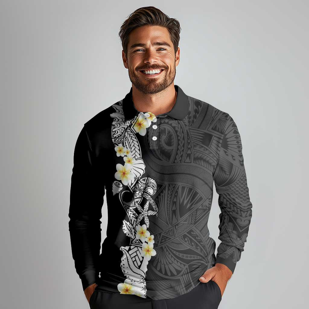 Black Samoa Tattoo Long Sleeve Polo Shirt Plumeria Samoan Ocean Tatau Pattern - Polynesian Pride
