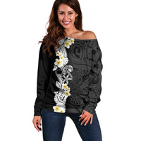 Black Samoa Tattoo Off Shoulder Sweater Plumeria Samoan Ocean Tatau Pattern - Polynesian Pride