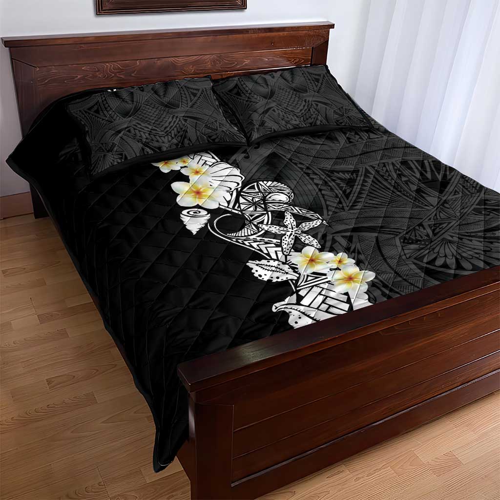Black Samoa Tattoo Quilt Bed Set Plumeria Samoan Ocean Tatau Pattern - Polynesian Pride