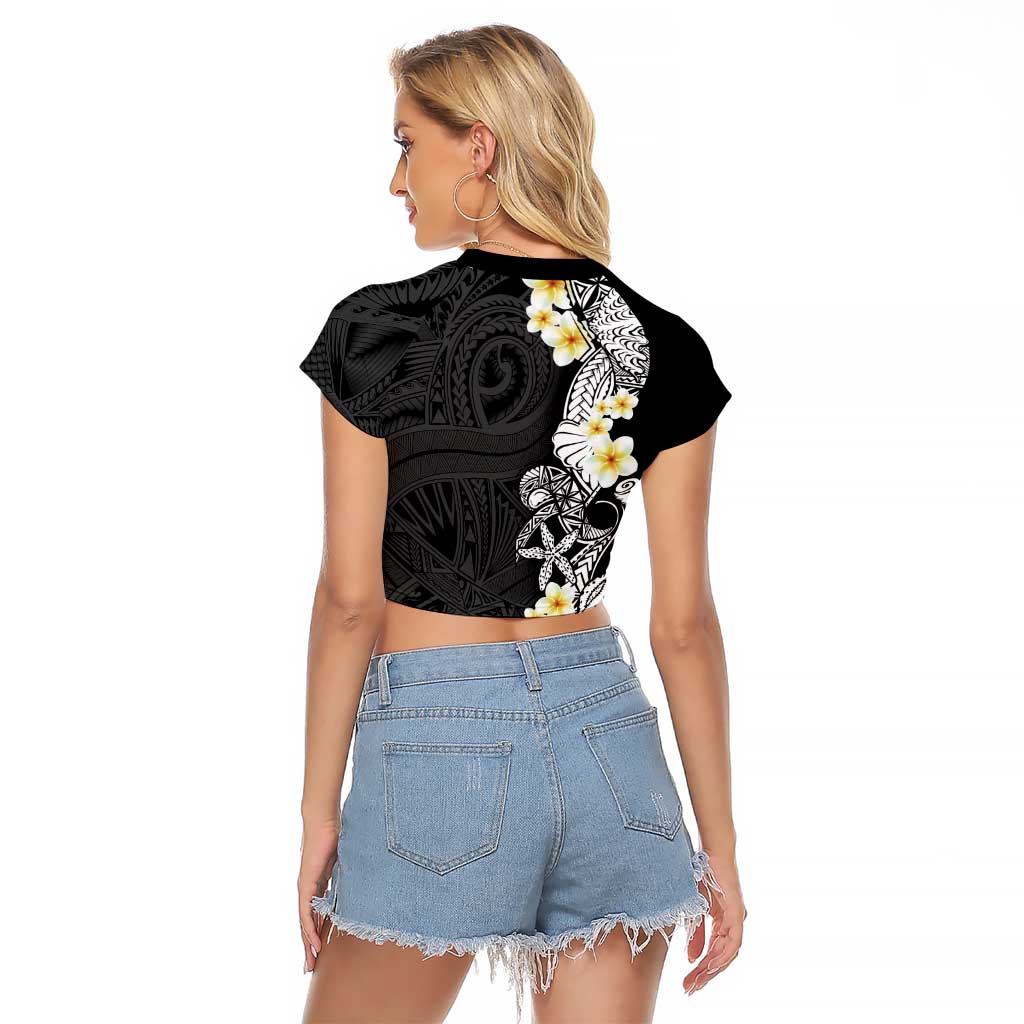 Black Samoa Tattoo Raglan Cropped T Shirt Plumeria Samoan Ocean Tatau Pattern - Polynesian Pride