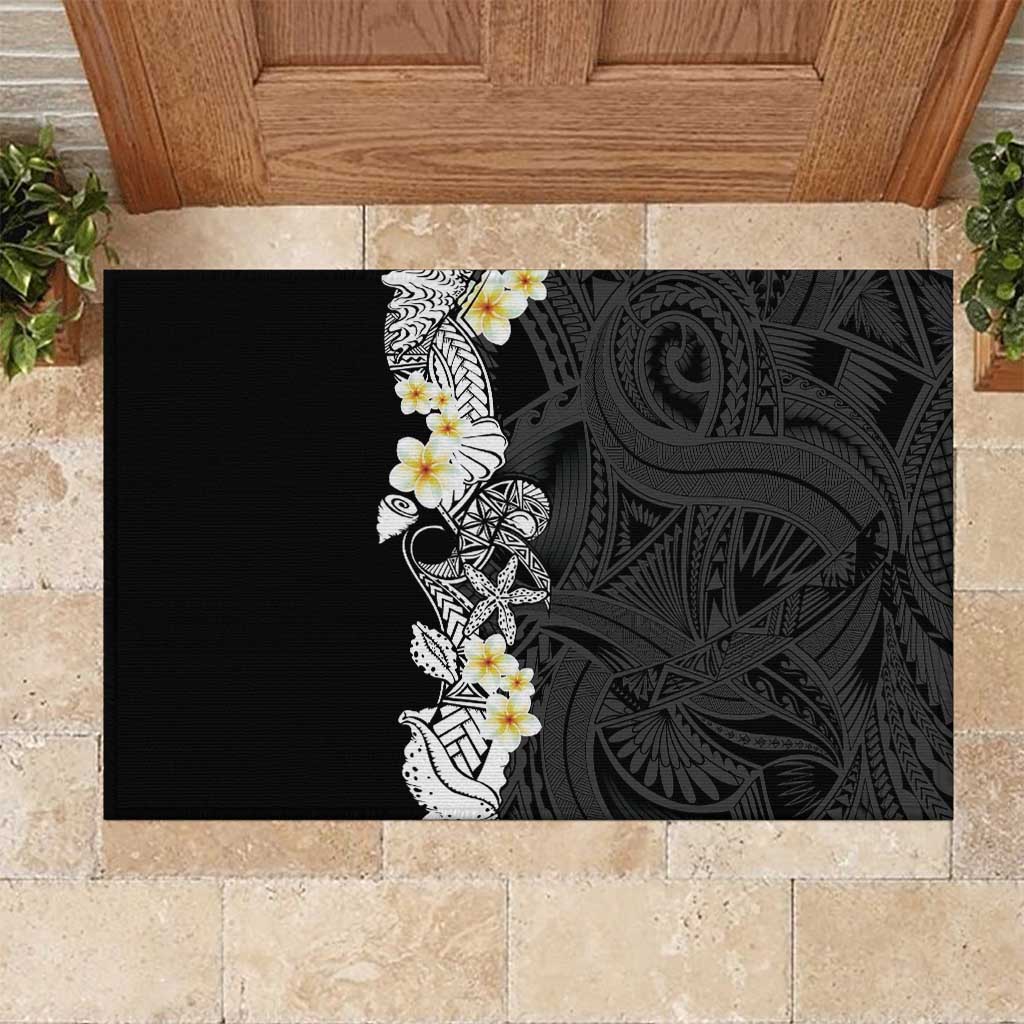 Black Samoa Tattoo Rubber Doormat Plumeria Samoan Ocean Tatau Pattern - Polynesian Pride