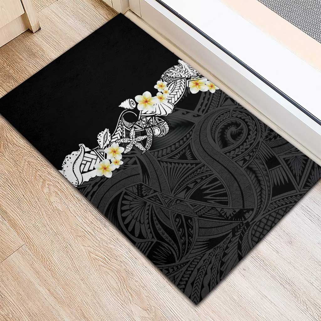 Black Samoa Tattoo Rubber Doormat Plumeria Samoan Ocean Tatau Pattern - Polynesian Pride