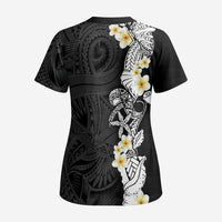 Black Samoa Tattoo Scrub Top Plumeria Samoan Ocean Tatau Pattern - Polynesian Pride