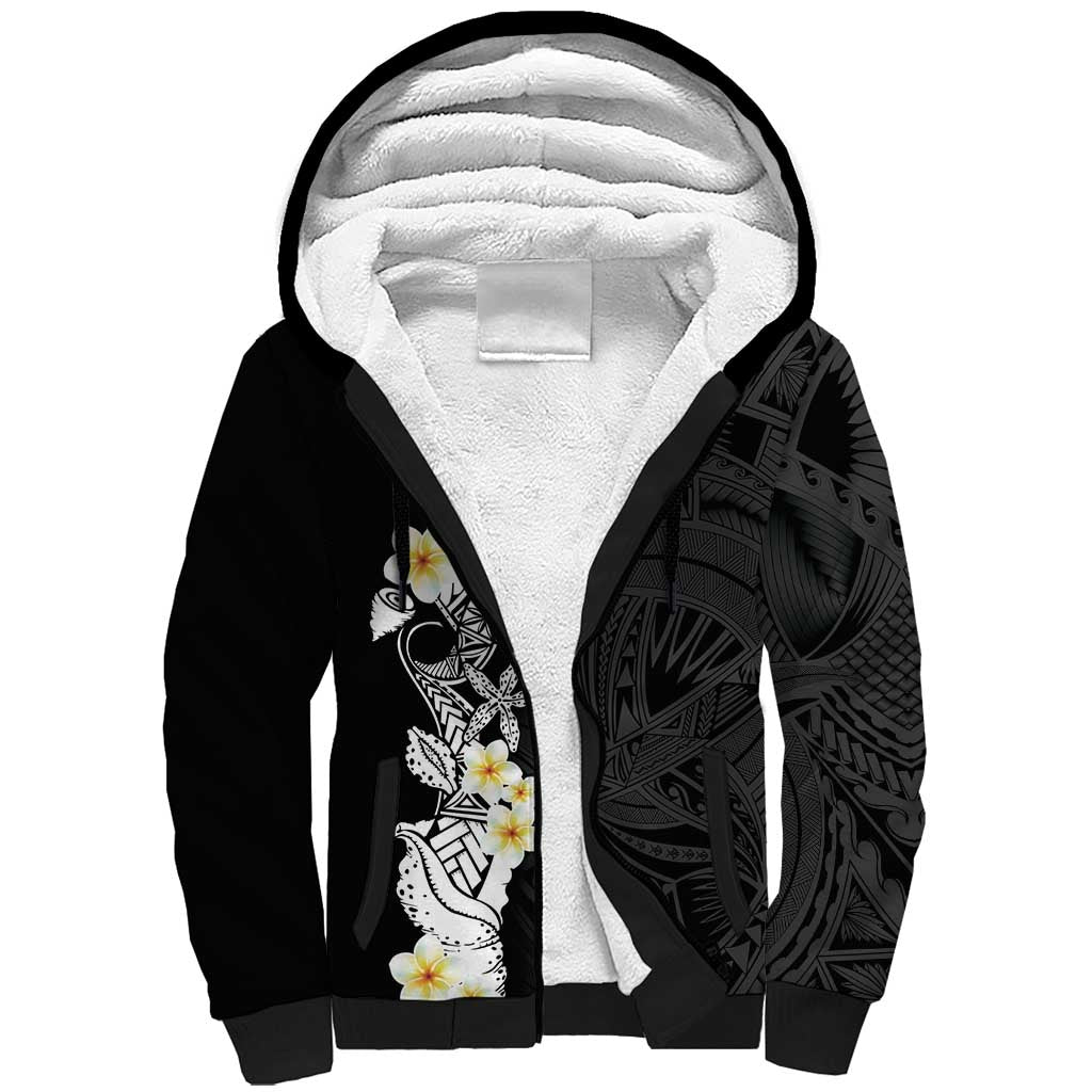Black Samoa Tattoo Sherpa Hoodie Plumeria Samoan Ocean Tatau Pattern - Polynesian Pride